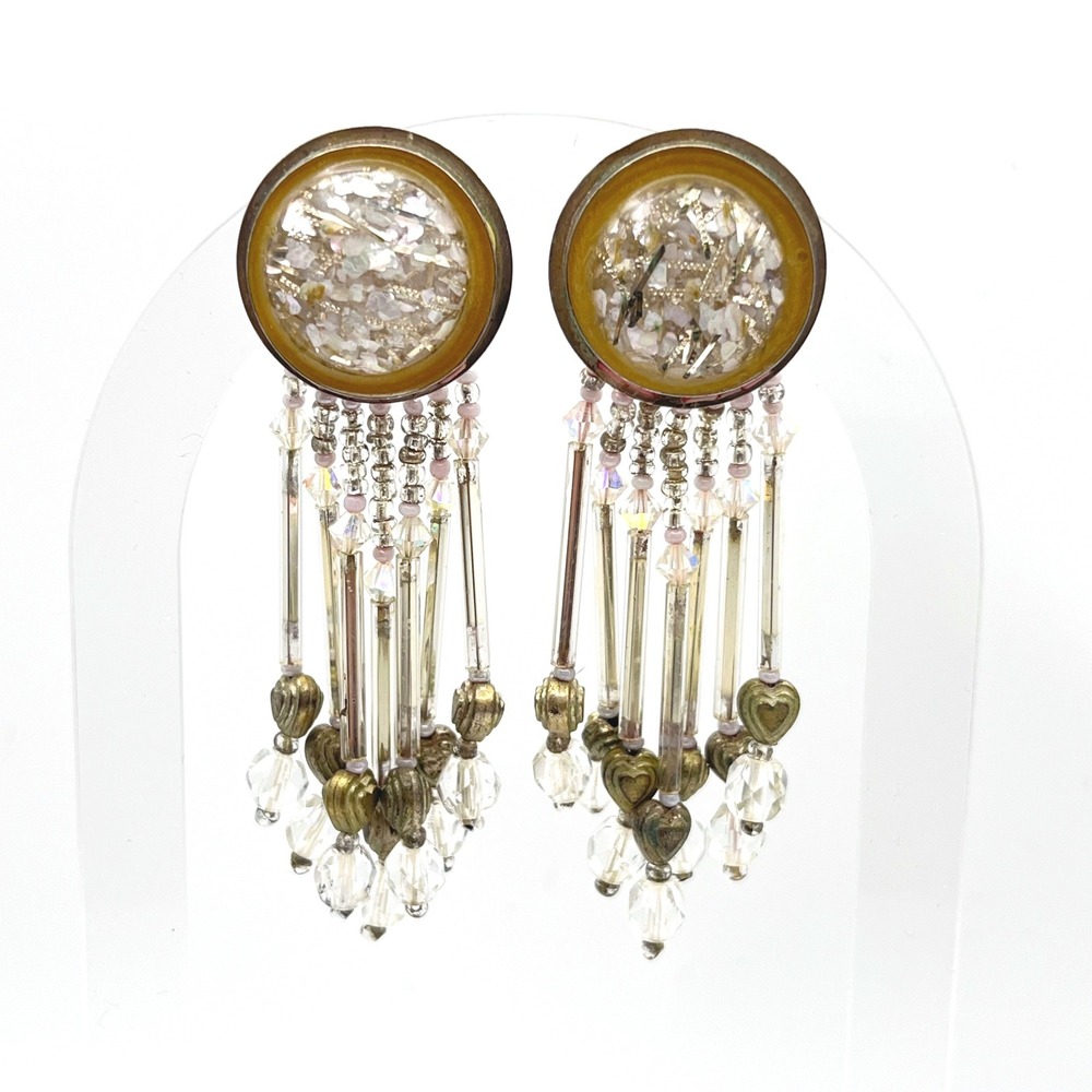 Sooz Sterling Silver Confetti Beaded Fringe Heart Dangle Earrings Vintage‎ 3in